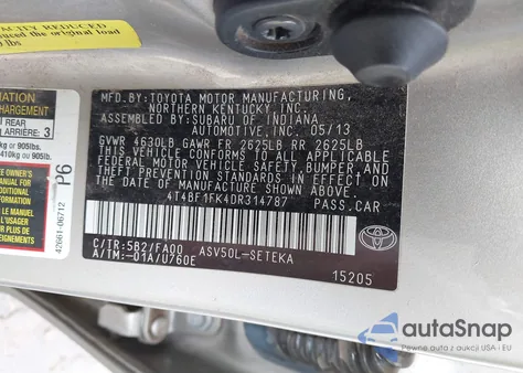 2013 Toyota Camry L из США, поврежденный, VIN 4T4BF1FK4DR314787